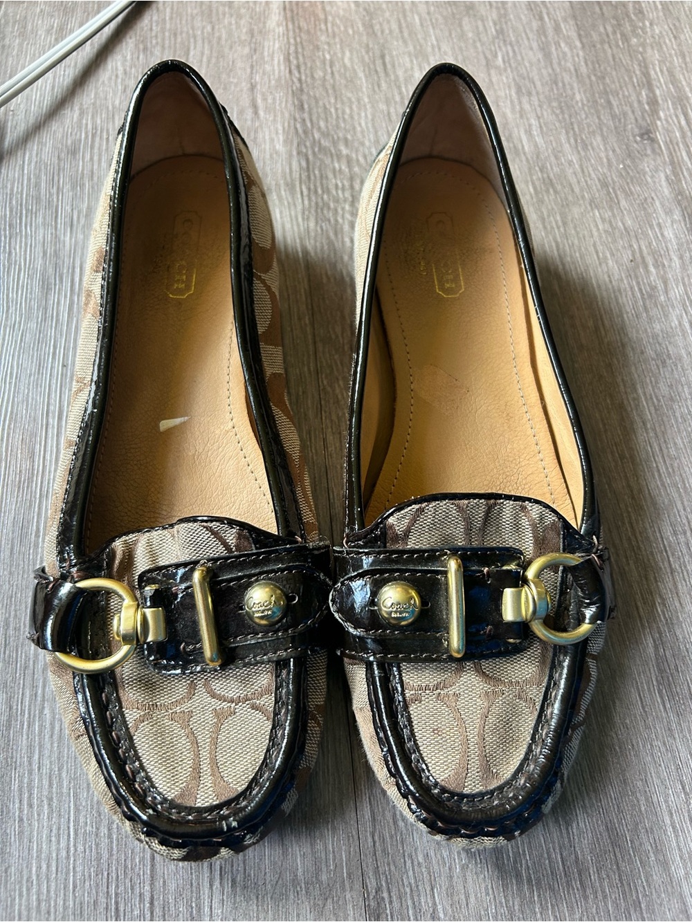 Coach Brown Signature Canvas Flats with Black Patent Trim and Gold Hardware